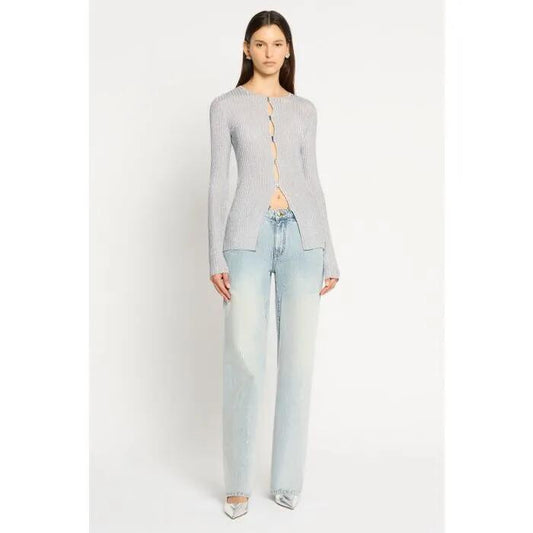 Image of a model wearing Outerwear. Productname: Shimmer Nights Cardi in Silver colour by brand - sass and bide