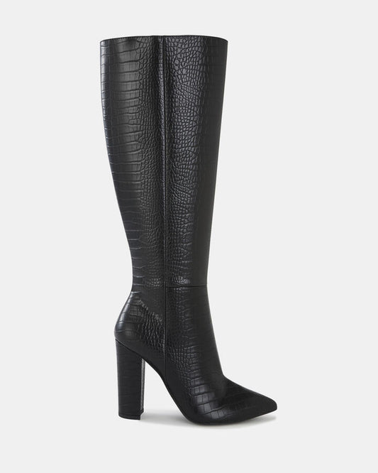 Image of Boots. Product name - Rebellion Mt Women's Boot High Heel Black Croc Novo Boots in Black Croc colour by brand - NOVO