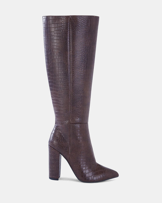 Image of Boots. Product name - Rebellion Mt Women's Boot High Heel MILK CHOC CROC Novo Boots in Milk Choc Croc colour by brand - NOVO