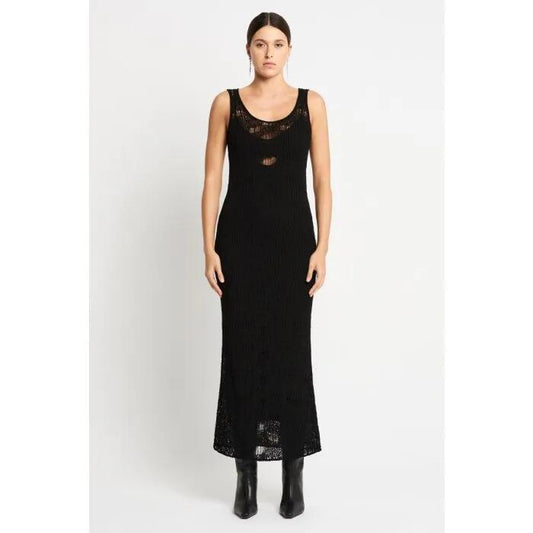 Image of a model wearing Dress. Productname: Laddered Lady Knit Dress in Black colour by brand - sass and bide