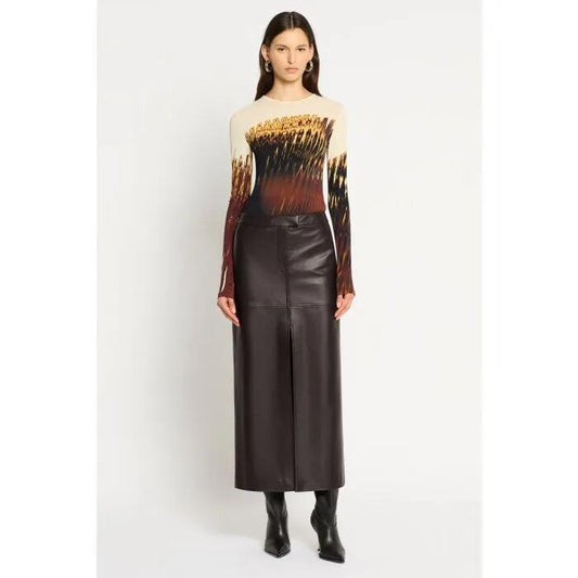Image of a model wearing Skirts. Productname: Oblivion Maxi Skirt in Chocolate colour by brand - sass and bide