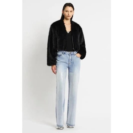 Image of a model wearing Outerwear. Productname: Bayo Chubby Jacket in Black colour by brand - sass and bide