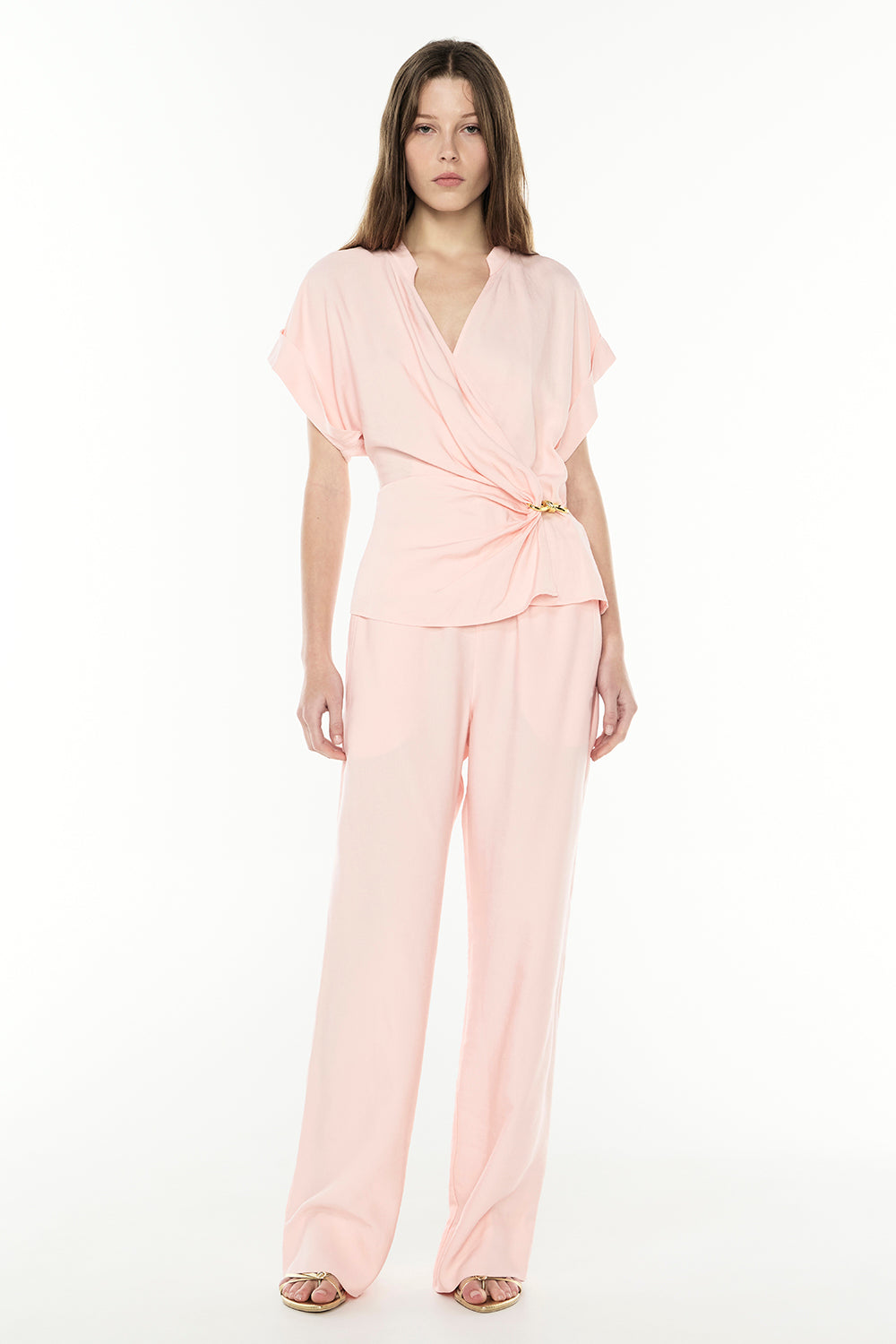 Image of a model wearing Pants. Productname: The Sweet Life Pull On Pant in PALE PINK colour by brand - Manning Cartell