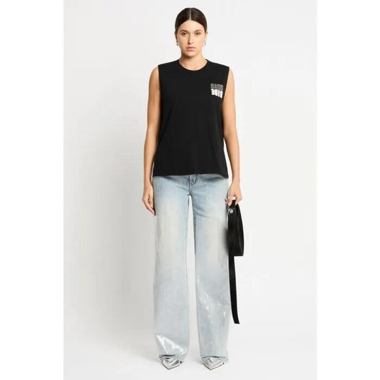 Image of a model wearing Tops. Productname: Lounge Logo Tank in Black colour by brand - sass and bide