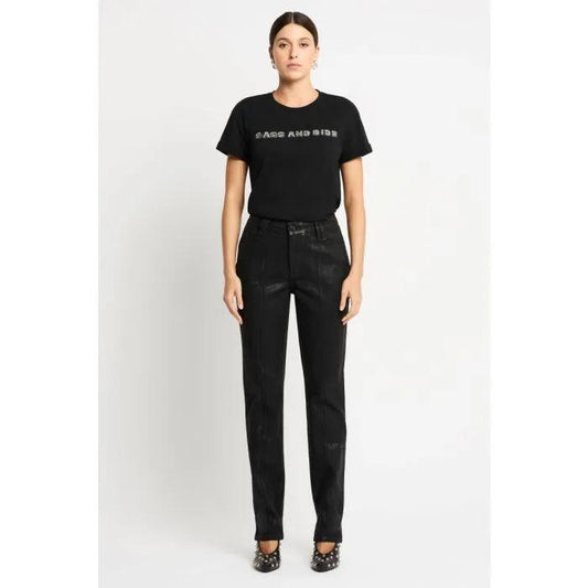 Image of a model wearing Denim. Productname: Minx Skinny Denim Jean in BLACK WAXY colour by brand - sass and bide