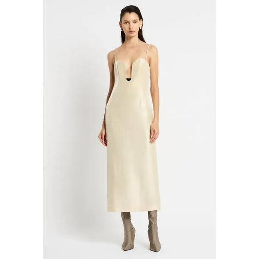 Image of a model wearing Dress. Productname: Ascend Again Dress in Sand colour by brand - sass and bide