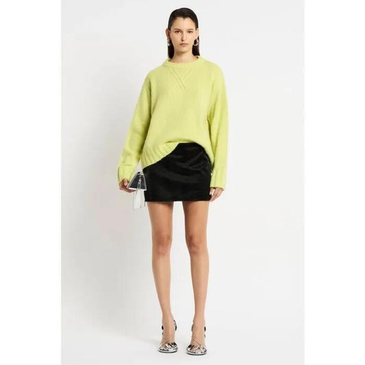 Image of a model wearing Outerwear. Productname: Estilo Cashmere Blend Crew in CITRON TEA GREEN colour by brand - sass and bide