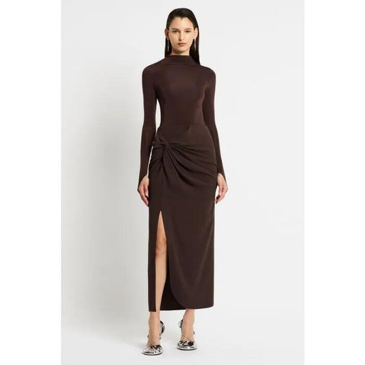 Image of a model wearing Skirts. Productname: Pyrolized Maxi Skirt in Chocolate colour by brand - sass and bide