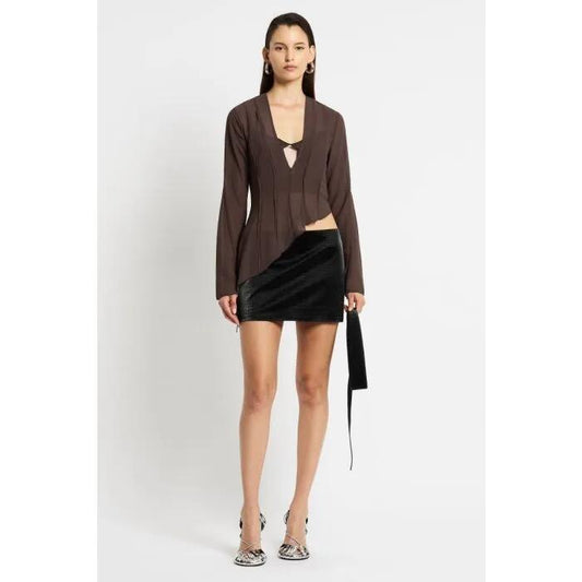 Image of a model wearing Tops. Productname: Polaris Top in Chocolate colour by brand - sass and bide