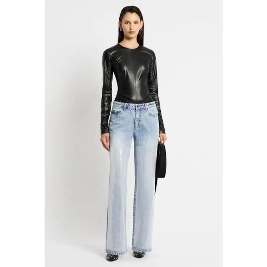 Image of a model wearing Tops. Productname: Low Key Top in NOIR colour by brand - sass and bide