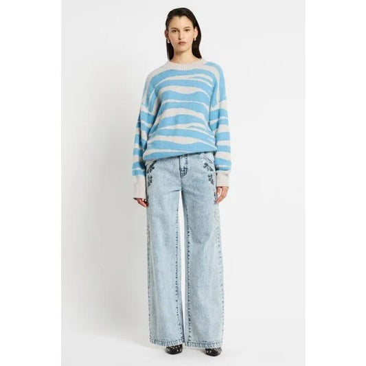 Image of a model wearing Outerwear. Productname: Animal Oversize Knit Jumper in MULTI BLUE colour by brand - sass and bide