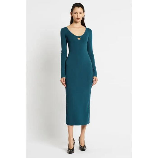Image of a model wearing Dress. Productname: Slash Knit Dress in PETROL BLUE colour by brand - sass and bide