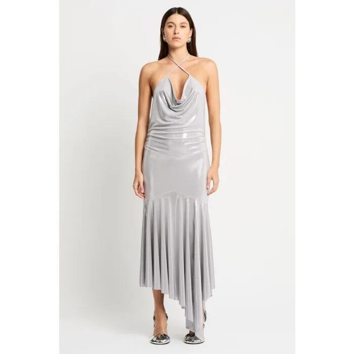 Image of a model wearing Dress. Productname: Anthurium Dress in Silver colour by brand - sass and bide