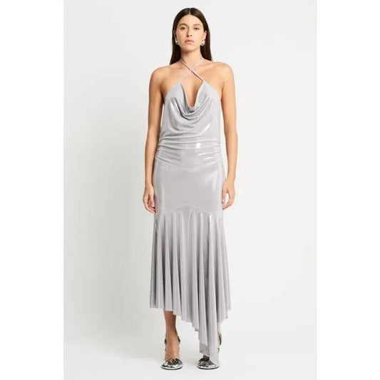Image of a model wearing Dress. Productname: Anthurium Dress in Silver colour by brand - sass and bide