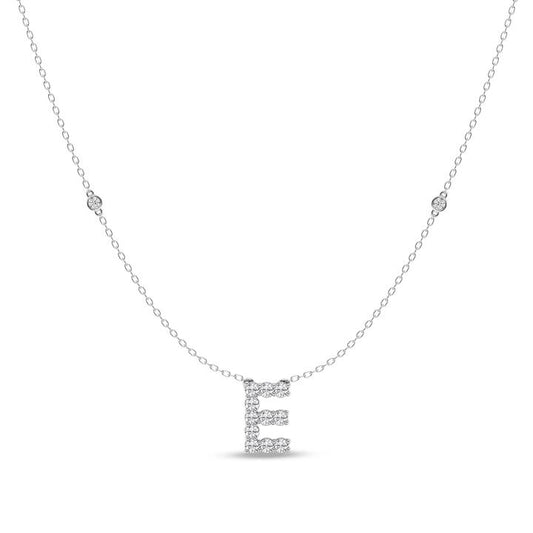 Image of Necklaces. Productname: Brilliant Claw Initial E Slider Necklace with 0.40ct of Laboratory Grown Diamonds in Mirage Sterling Silver and Platinum in Diamond colour by brand - Bevilles