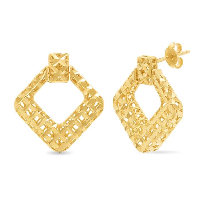 Image of Earrings. Productname: Athena Filigree Square Hoops in 9kt Yellow Gold in Gold colour by brand - Bevilles