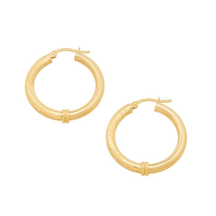 Image of Earrings. Productname: Athena Smooth and Texture Hoop Earrings in 9kt Yellow Gold in Gold colour by brand - Bevilles