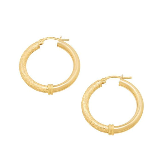 Image of Earrings. Productname: Athena Smooth and Texture Hoop Earrings in 9kt Yellow Gold in Gold colour by brand - Bevilles