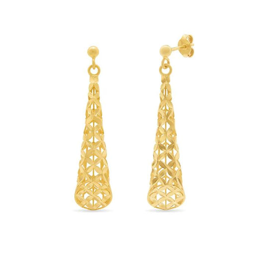 Image of Earrings. Productname: Athena Filigree Tubed Drop Earrings in 9kt Yellow Gold in Gold colour by brand - Bevilles