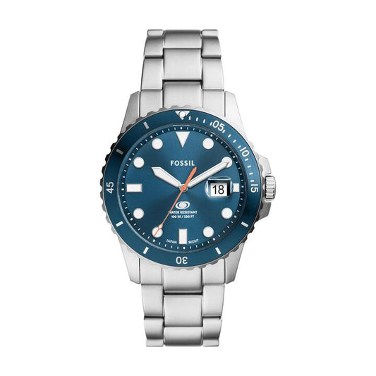 Image of Watches. Productname: Fossil Blue Dive Three-Hand Date Stainless Steel Watch FS6050 in Watch colour by brand - Fossil