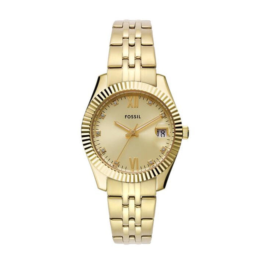 Image of Watches. Productname: Fossil Scarlette Three-Hand Date Gold-Tone Stainless Steel Watch ES5338 in Watch colour by brand - Fossil
