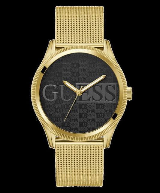Image of Bracelets. Productname: Guess Reputation Polished Gold Tone Case Sunray Black Logo Dial With Polished Gold Tone Mesh Bracelet GW0710G2 in Watch colour by brand - Guess