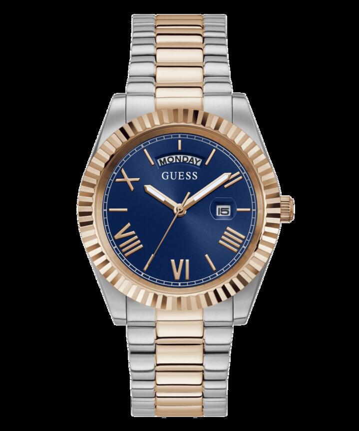 Image of Bracelets. Productname: Guess Connoisseur Brushed And Polished Two Tone Case Blue Day Date Dial And Brushed And Polished Two Tone Bracelet GW0265G12 in Watch colour by brand - Guess