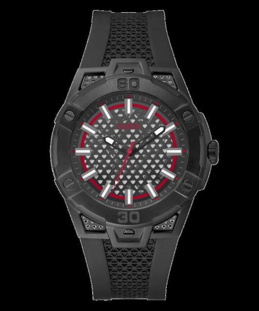 Image of Watches. Productname: Guess Network Brushed Black Logo Case Sunray Black Logo Dial With Black Logo Silicone Strap GW0712G1 in Watch colour by brand - Guess