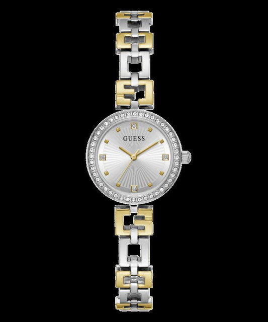Image of Bracelets. Productname: Guess Lady G Polished Silver Tone Case With Crystals Sunray Silver Dial And Polished Silver And Gold Tone Logo Bracelet With Adjustable G Links GW0656L1 in Watch colour by brand - Guess