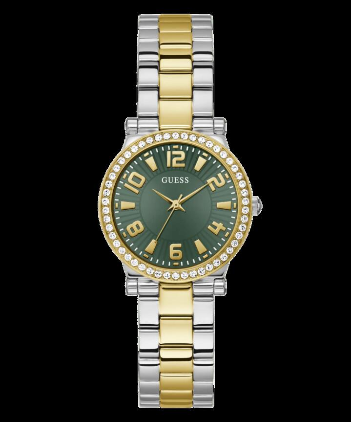 Image of Bracelets. Productname: Guess Fawn Polished Two Tone Case With Crystals Sunray Green Dial And Polished Two Tone Bracelet GW0686L2 in Watch colour by brand - Guess