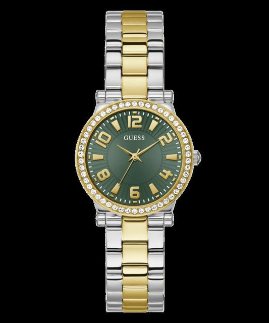 Image of Bracelets. Productname: Guess Fawn Polished Two Tone Case With Crystals Sunray Green Dial And Polished Two Tone Bracelet GW0686L2 in Watch colour by brand - Guess