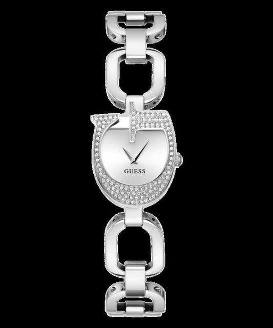 Image of Bracelets. Productname: Guess Gia Polished Silver Tone Logo Case With Crystals Sunray Silver Dial And Polished Silver Tone Bracelet With Adjustable G Links GW0683L1 in Watch colour by brand - Guess