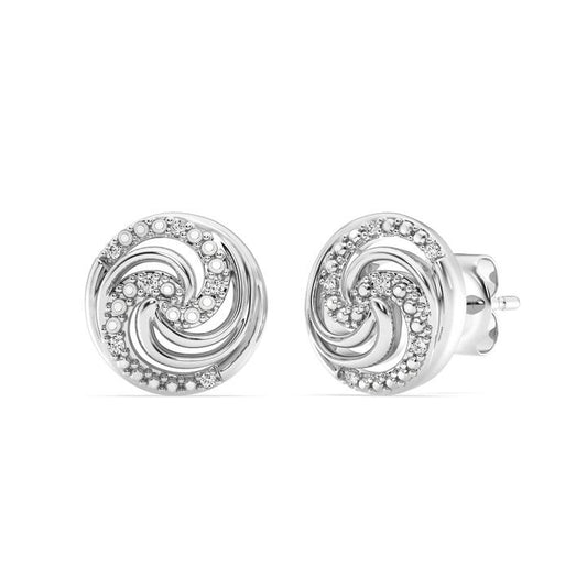 Image of Earrings. Productname: Diamond Set Swirl Stud Earrings in Sterling Silver in Diamond colour by brand - Bevilles