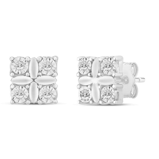 Image of Earrings. Productname: Miracle Surround Square Shaped Stud Earrings with 0.05tw of Diamonds in Sterling Silver in Diamond colour by brand - Bevilles
