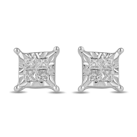 Image of Earrings. Productname: Miracle Halo Earrings with 0.10tw of Diamonds in Sterling Silver in Diamond colour by brand - Bevilles