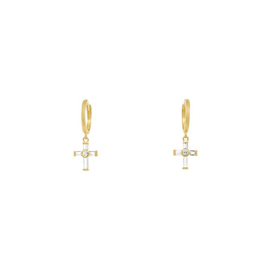 Image of Earrings. Productname: Cross Drop Earrings with Cubic Zirconia in 9kt Yellow Gold in Gold colour by brand - Bevilles