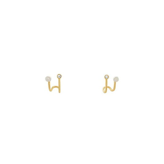 Image of Earrings. Productname: Pearl and Cubic Zirconia Cuff Stud Earrings in 9kt Yellow Gold in Gold colour by brand - Bevilles