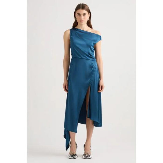 Image of a model wearing Dress. Productname: Overdrive Dress in Petrol colour by brand - sass and bide