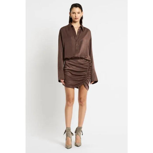 Image of a model wearing Dress. Productname: Sweet Disposition Dress in CAROB colour by brand - sass and bide