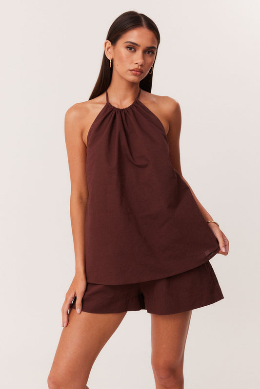 Image of a model wearing Tops. Productname: SNDYS ALYSSE TOP in Chocolate colour by brand - SNDYS