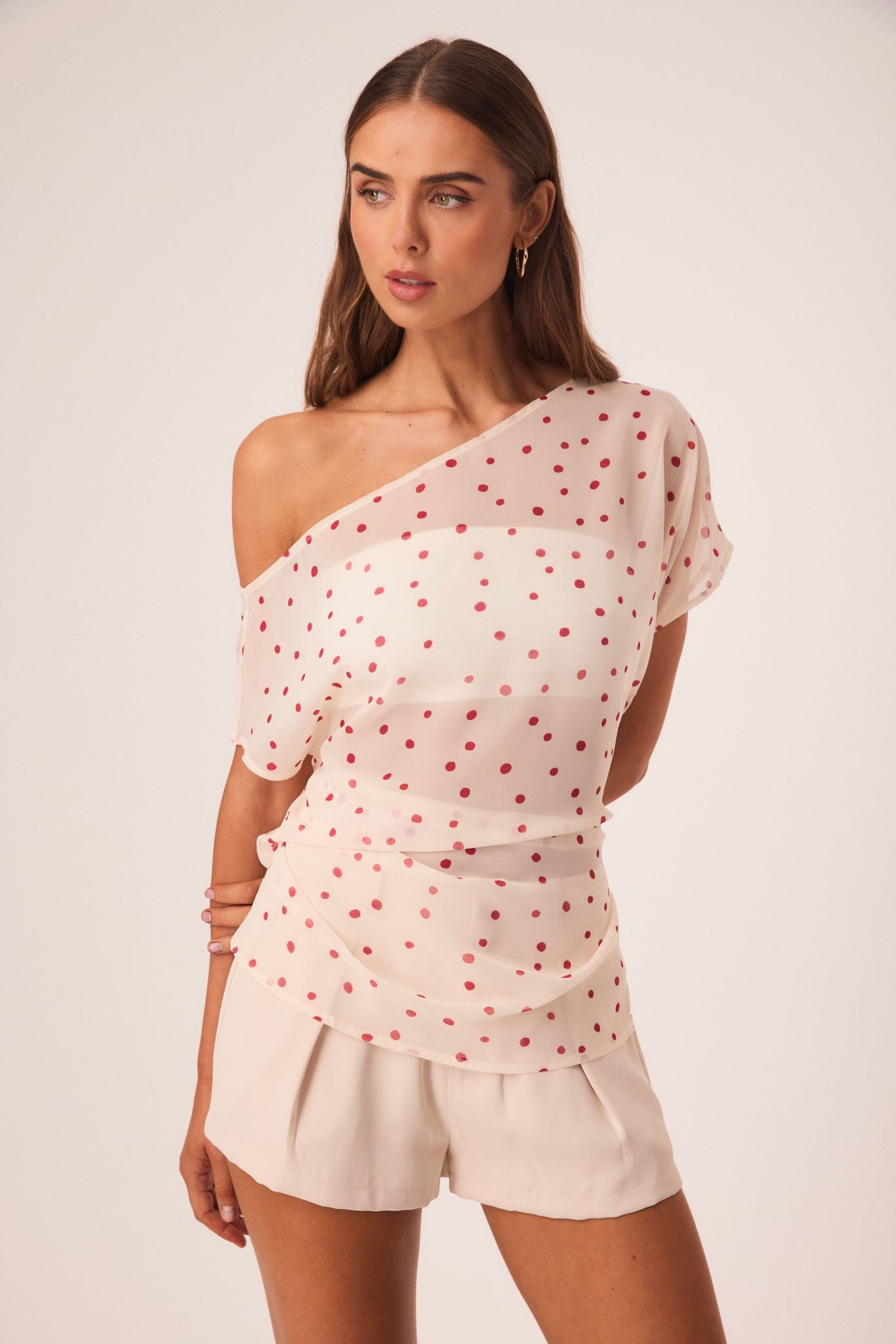 Image of a model wearing Tops. Productname: SNDYS NOAH TOP in Vanilla Polka Dot colour by brand - SNDYS