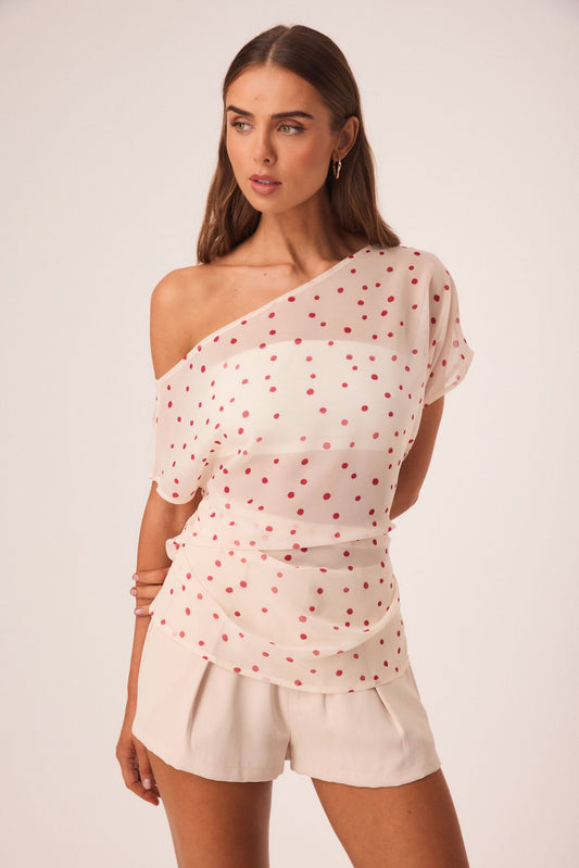 Image of a model wearing Tops. Productname: SNDYS NOAH TOP in Vanilla Polka Dot colour by brand - SNDYS