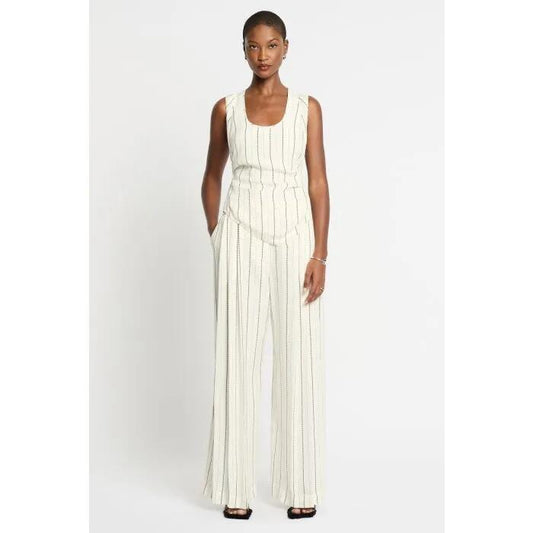 Image of a model wearing Tops. Productname: Raya Top in IVORY STRIPE colour by brand - sass and bide