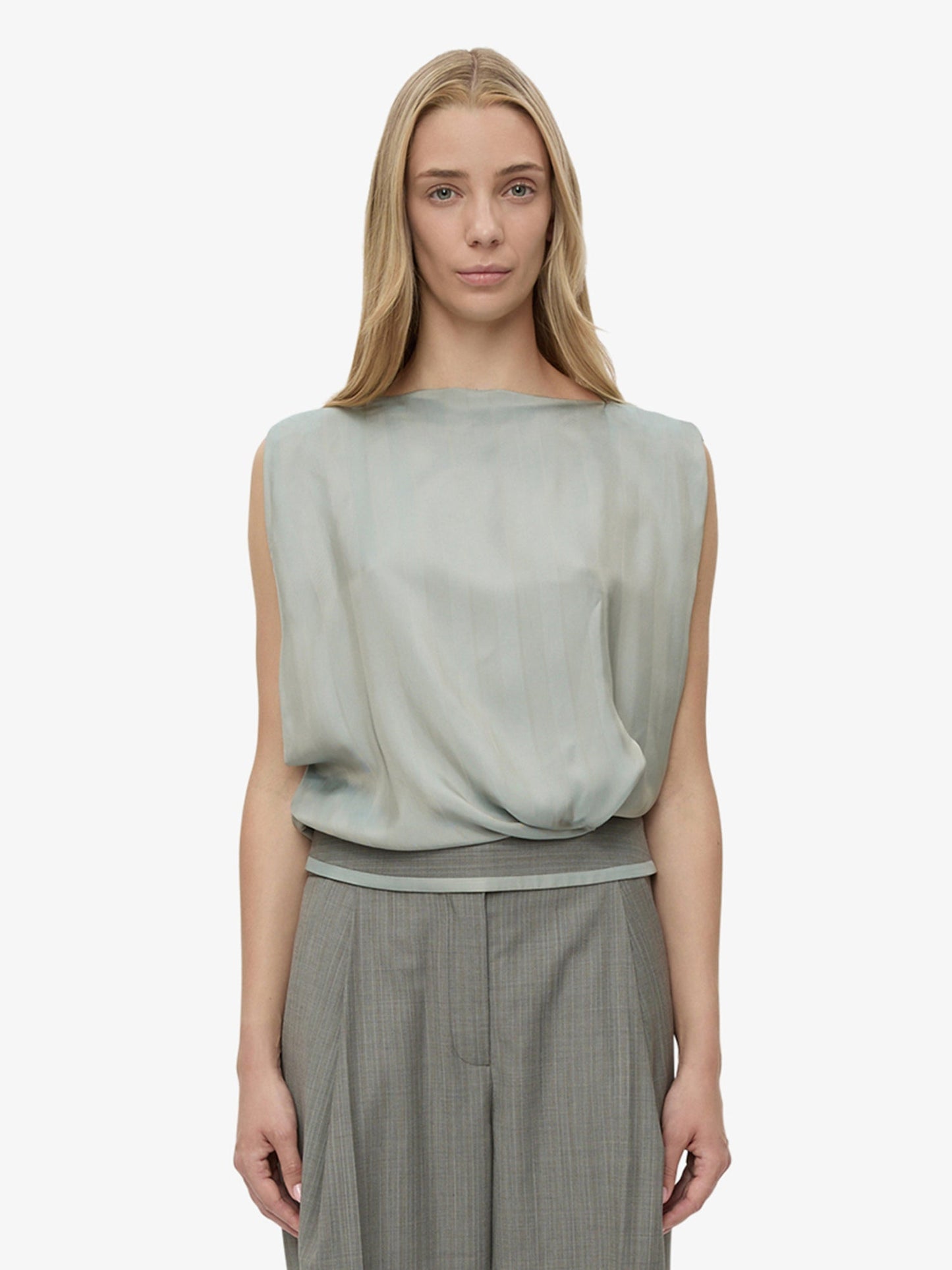 Image of a model wearing Tops. Productname: Internal Tailored Top in Stripe colour by brand - CHRISTOPHER ESBER