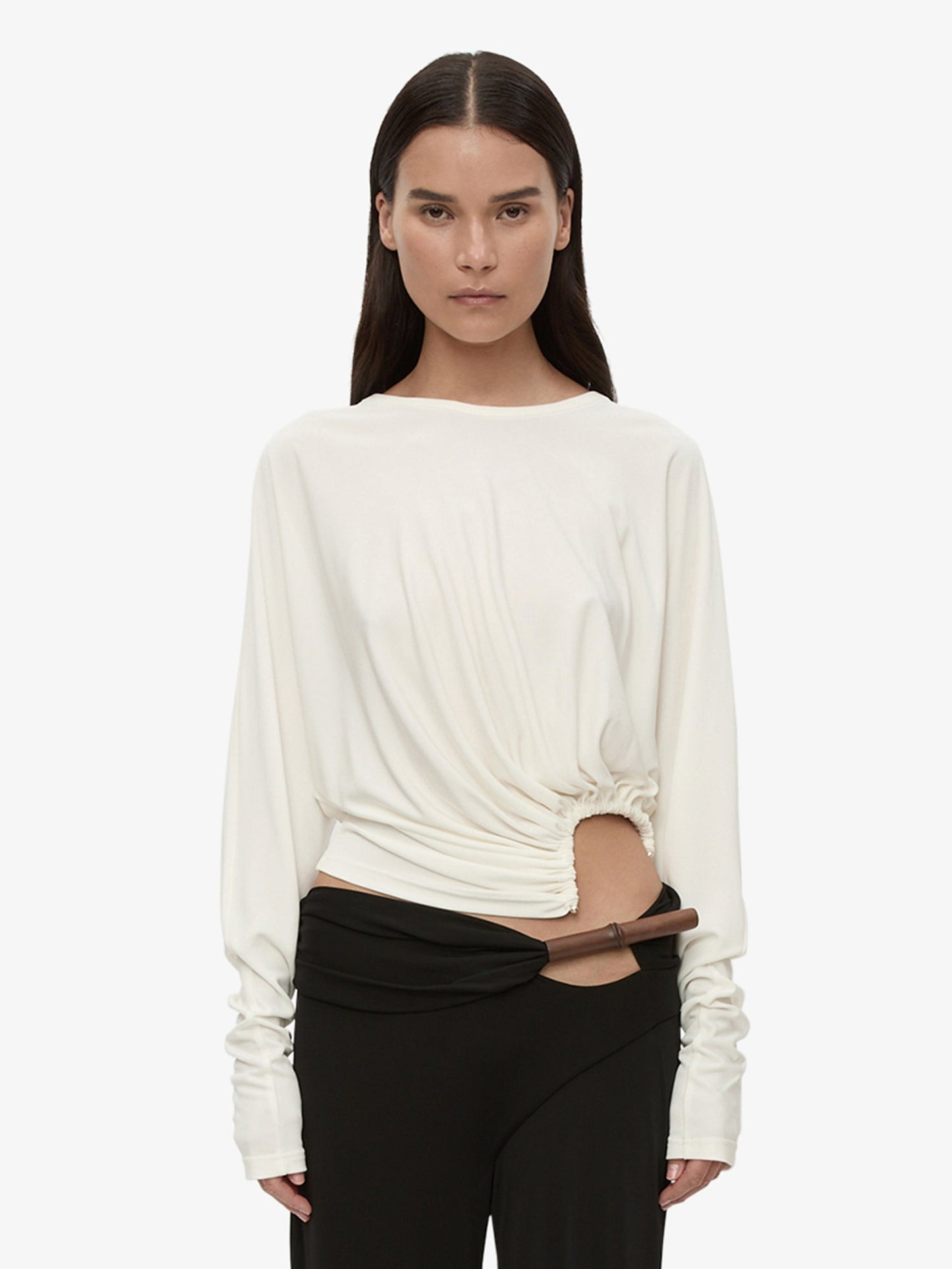 Image of a model wearing Tops. Productname: Manto Long Sleeve Jersey Top in White colour by brand - CHRISTOPHER ESBER