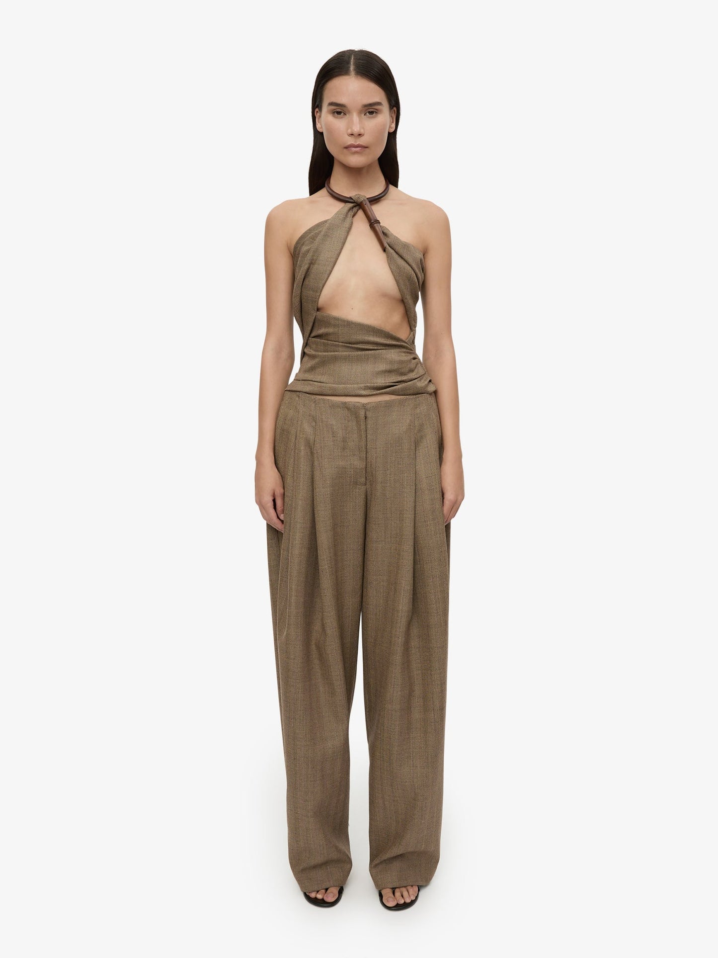 CHRISTOPHER ESBER Chime Necklace Herringbone Halter Top (Brown)