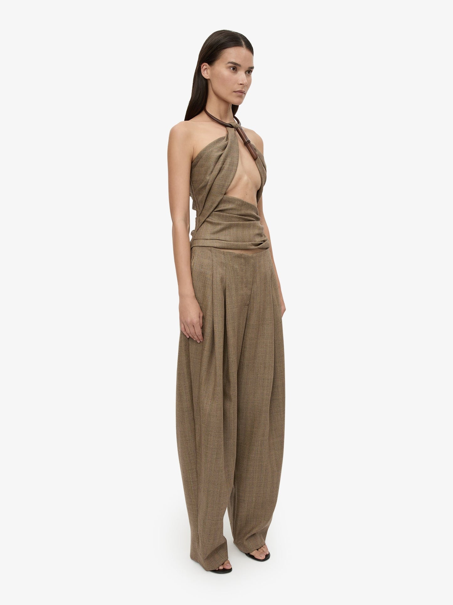CHRISTOPHER ESBER Chime Necklace Herringbone Halter Top (Brown)