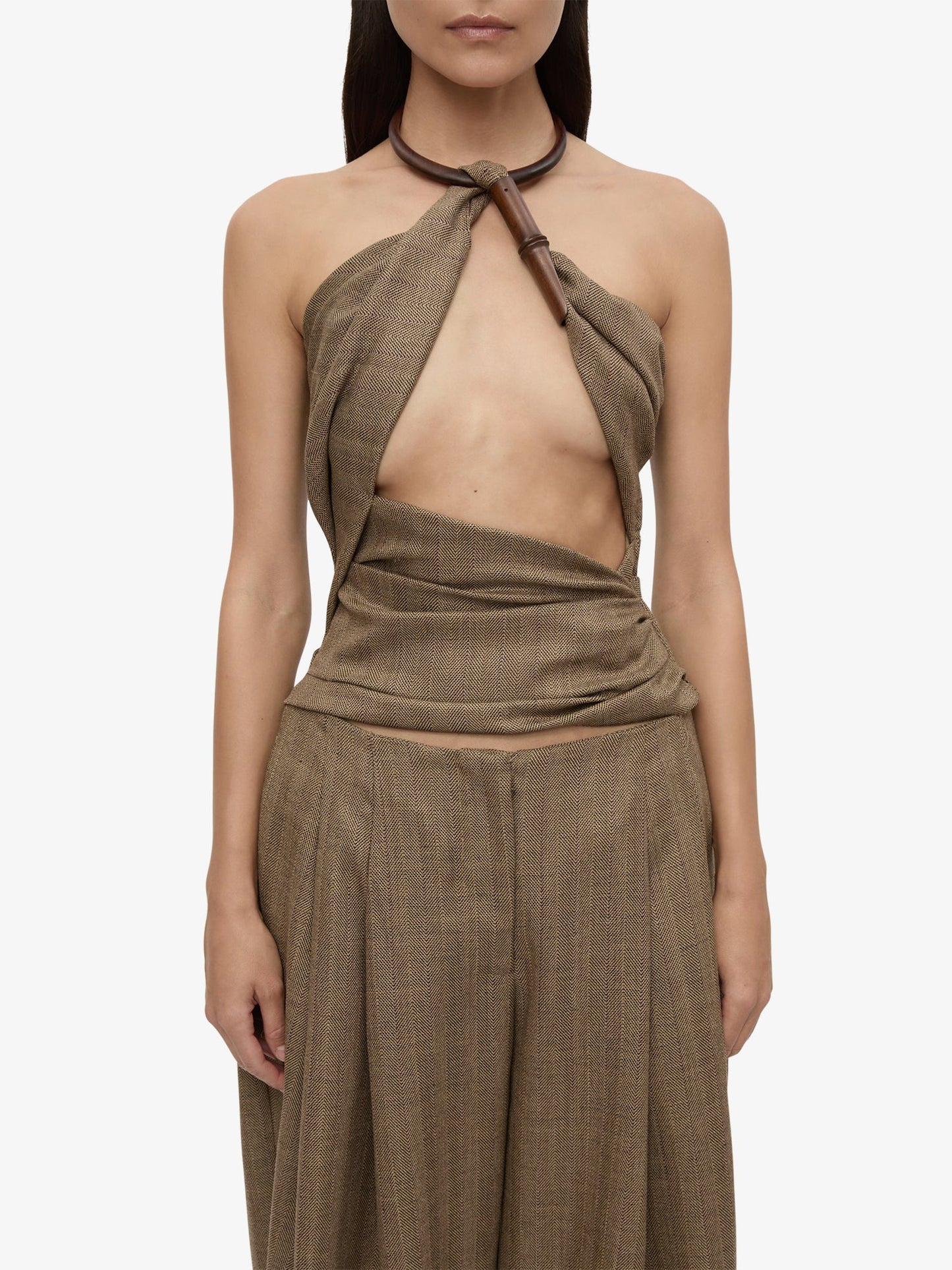 CHRISTOPHER ESBER Chime Necklace Herringbone Halter Top (Brown)
