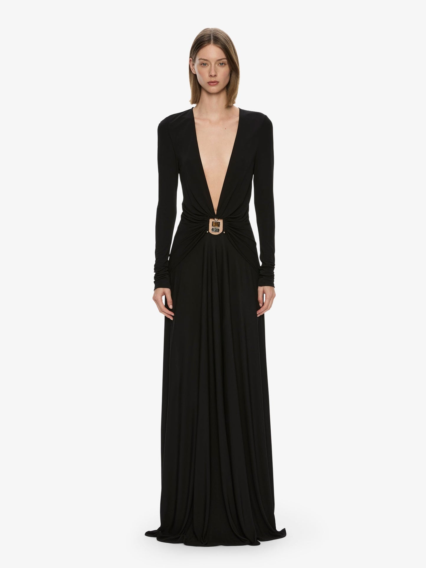Image of Dresses. Productname: CHRISTOPHER ESBER Bezel Quartz Ruched Long Sleeve Dress in Black colour by brand - CHRISTOPHER ESBER