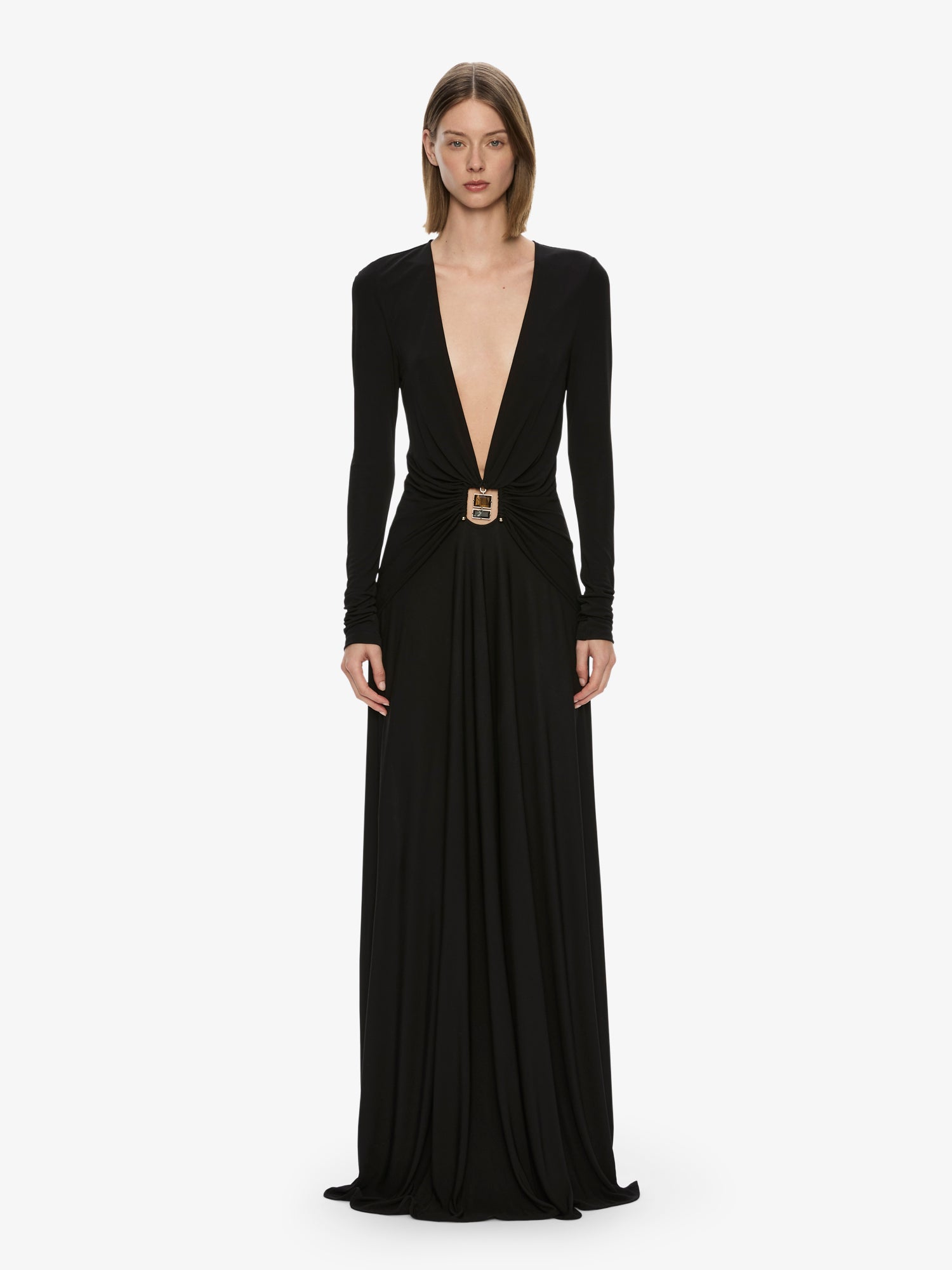 Image of Dresses. Productname: CHRISTOPHER ESBER Bezel Quartz Ruched Long Sleeve Dress in Black colour by brand - CHRISTOPHER ESBER